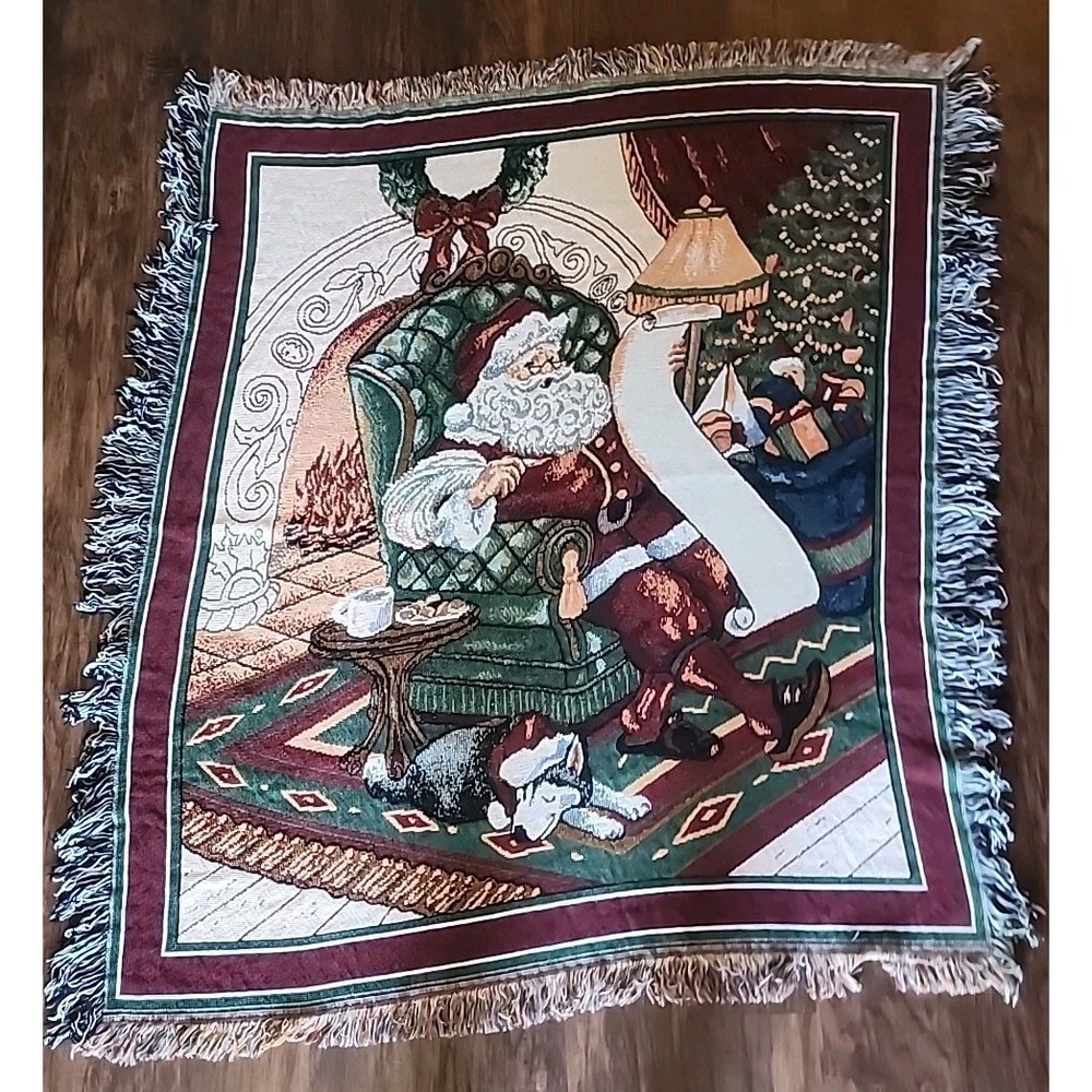 Manual Woodworkers Weavers Tapestry Woven Christmas Santa Husky Throw Blanket